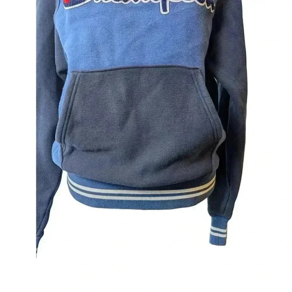 Vintage Champion Logo 2 Tone Blue Crew Neck Sweatshirt Front Pocket Small - Picture 5 of 9